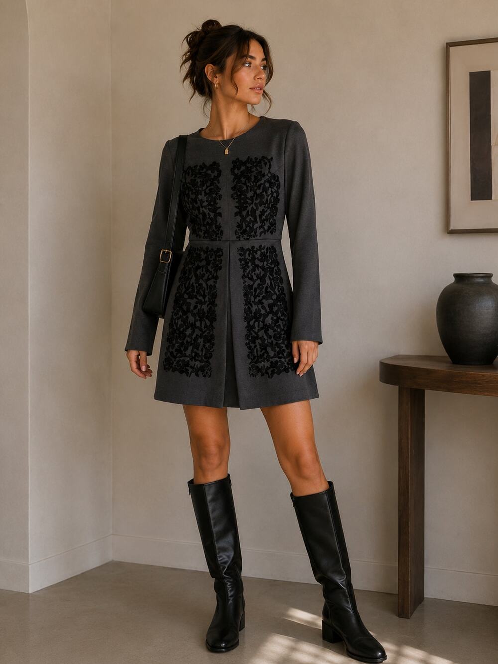 MAAC London Shift Dress Lace Embroidered Mini Mod Charcoal Black Women Size 8